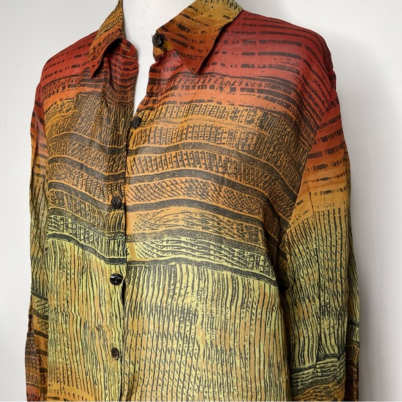 Chico's Design Sheer Long Sleeve Blouse Tunic Rayon Burnt Orange Tribal Print - Picture 2 of 16